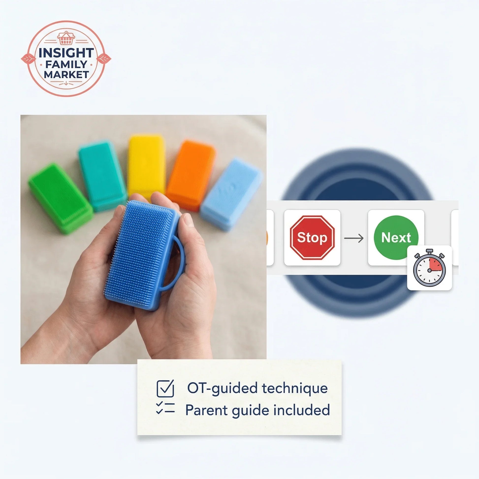 Colorful sensory brushes for kids, used in OT-guided calming routines, with parent guide included.