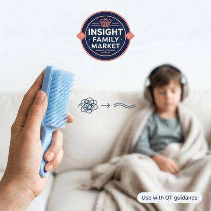 Hand holding sensory brush, child with headphones and blanket in background, calming tool for sensory processing.