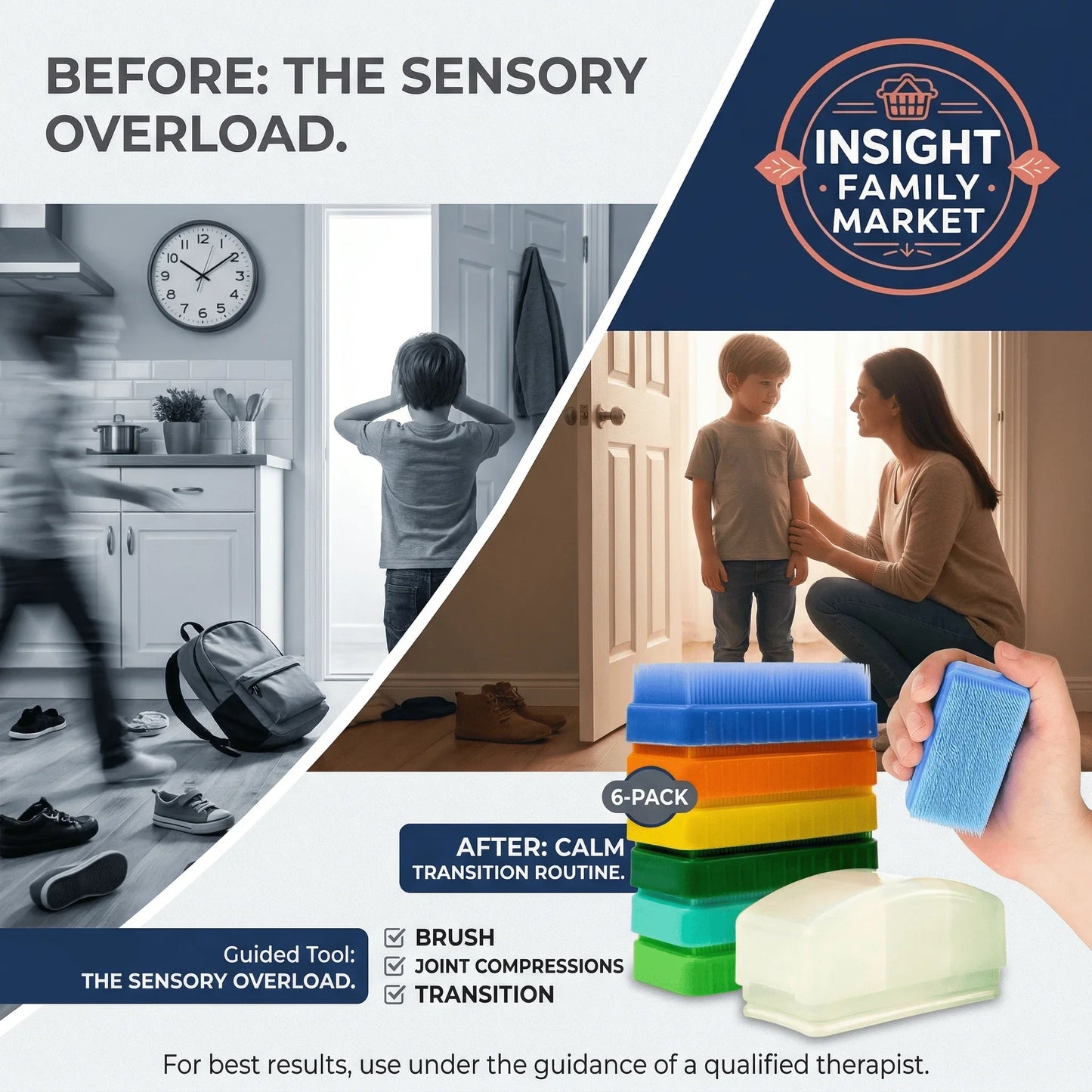Sensory transition tools with calming brushes, busy home scene, and child-parent interaction.