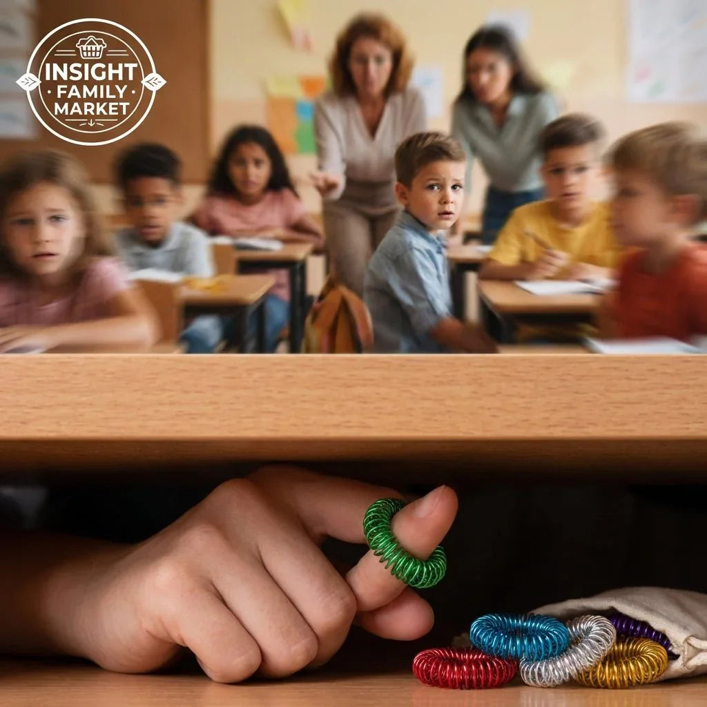 Child fidgeting with sensory ring under classroom desk, focus tool for focus and sensory support