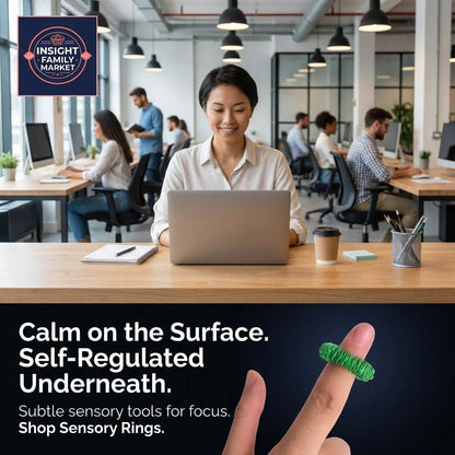 Woman working on laptop in modern office, hand wearing a green sensory focus ring.