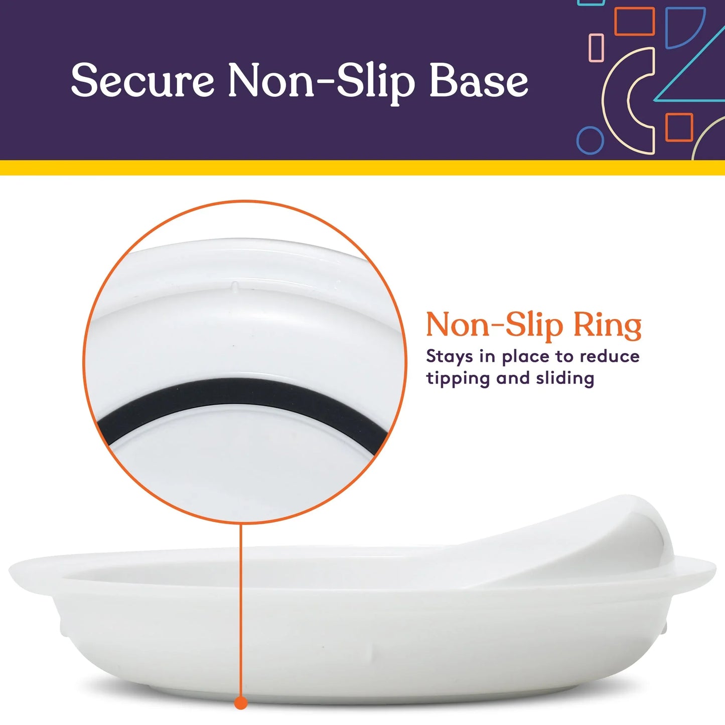 White plate with non-slip ring base to prevent tipping and sliding, close-up detail shown.