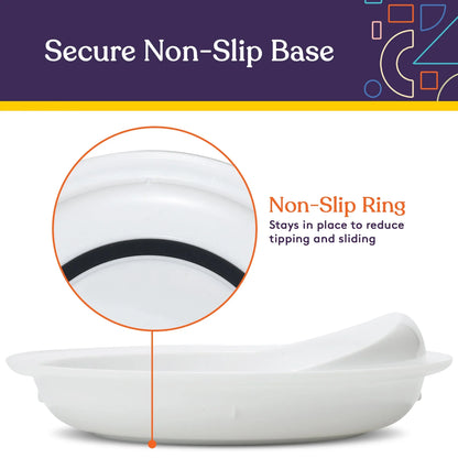 White plate with non-slip ring base to prevent tipping and sliding, close-up detail shown.