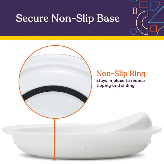 White plate with non-slip ring base to prevent tipping and sliding, close-up detail shown.
