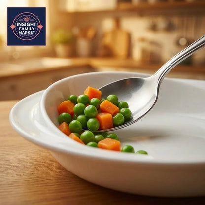 Spoonful of peas and carrots in white bowl for independent eating in kitchen setting