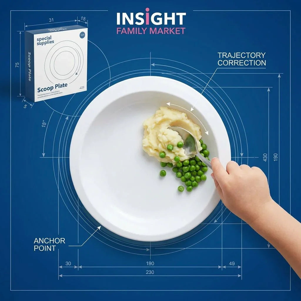 Child using scoop plate with mashed potatoes and peas, ergonomic design for sensory-friendly dining