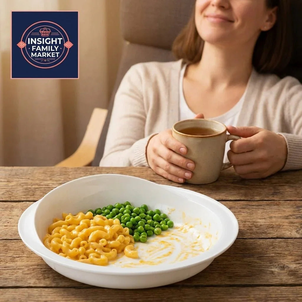 Woman enjoying a calm meal with macaroni and peas on a divided sensory-friendly plate