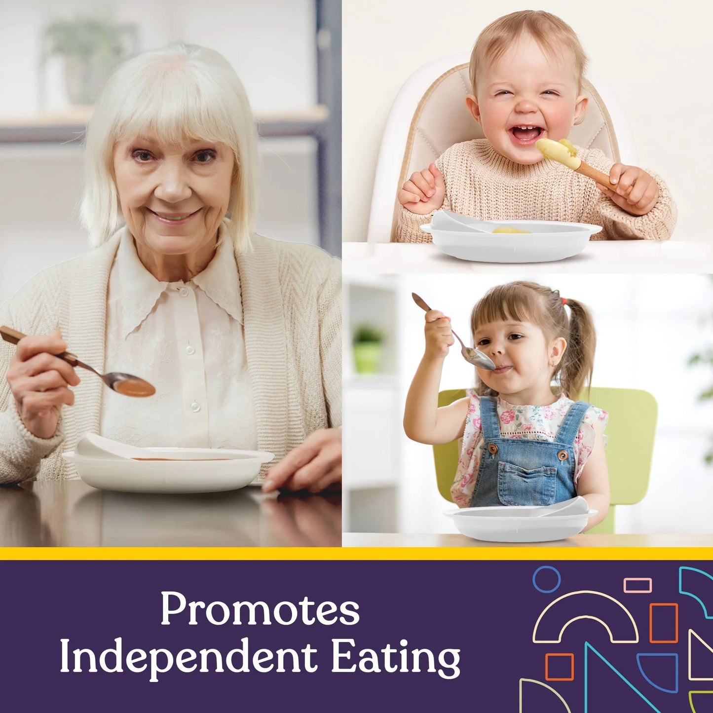 Elderly woman, baby, and young girl using adaptive dishware for independent eating