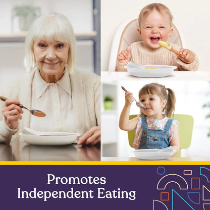 Elderly woman, baby, and young girl using adaptive dishware for independent eating