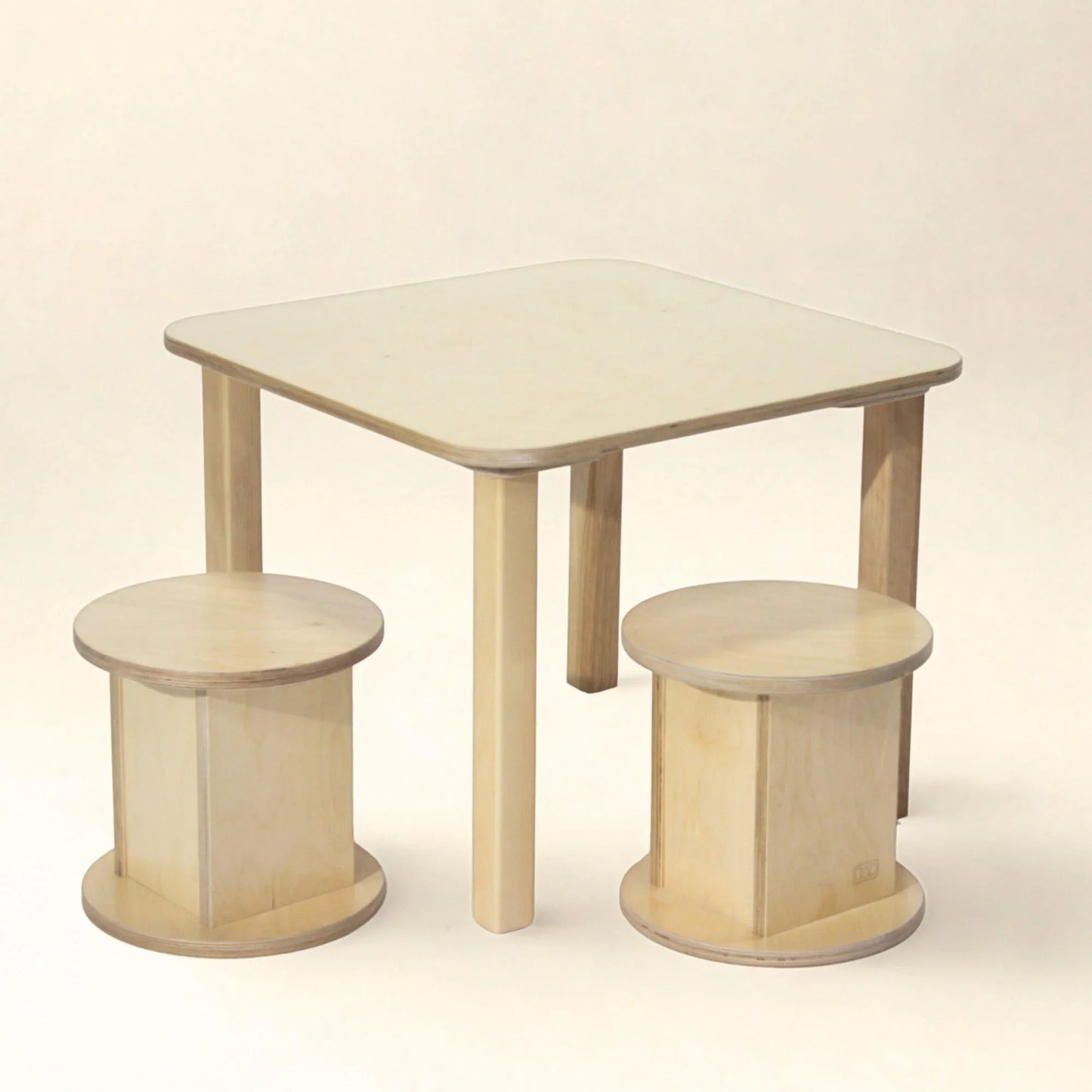 Square preschool table with two round wooden stools, toddler learning furniture set