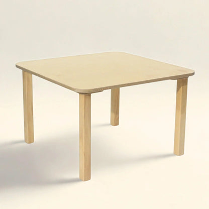 Square preschool table with light wood finish and rounded corners on a plain background
