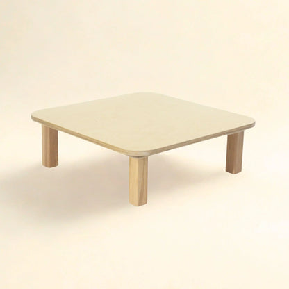 Square wooden infant table with rounded edges, sensory-friendly, 24-inch size