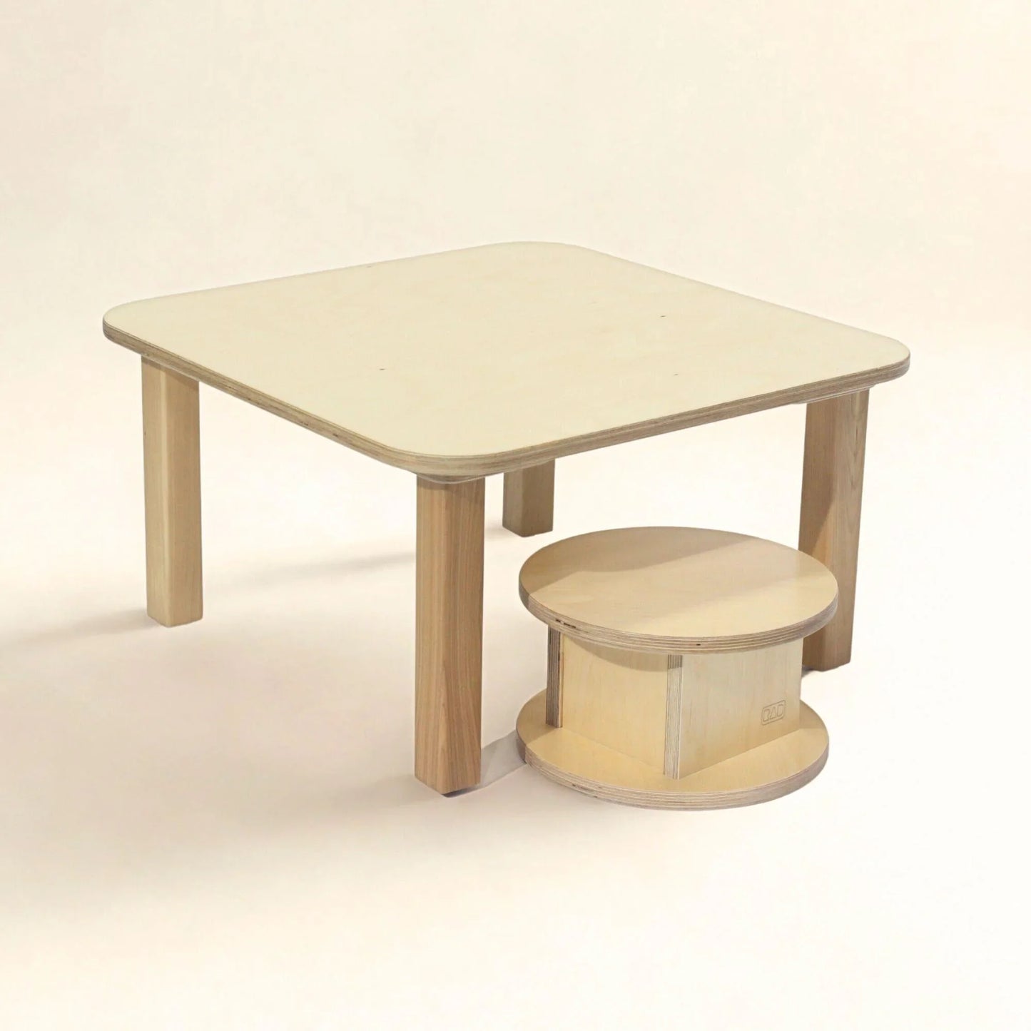 Square wooden toddler table with matching round stool, sensory-friendly furniture