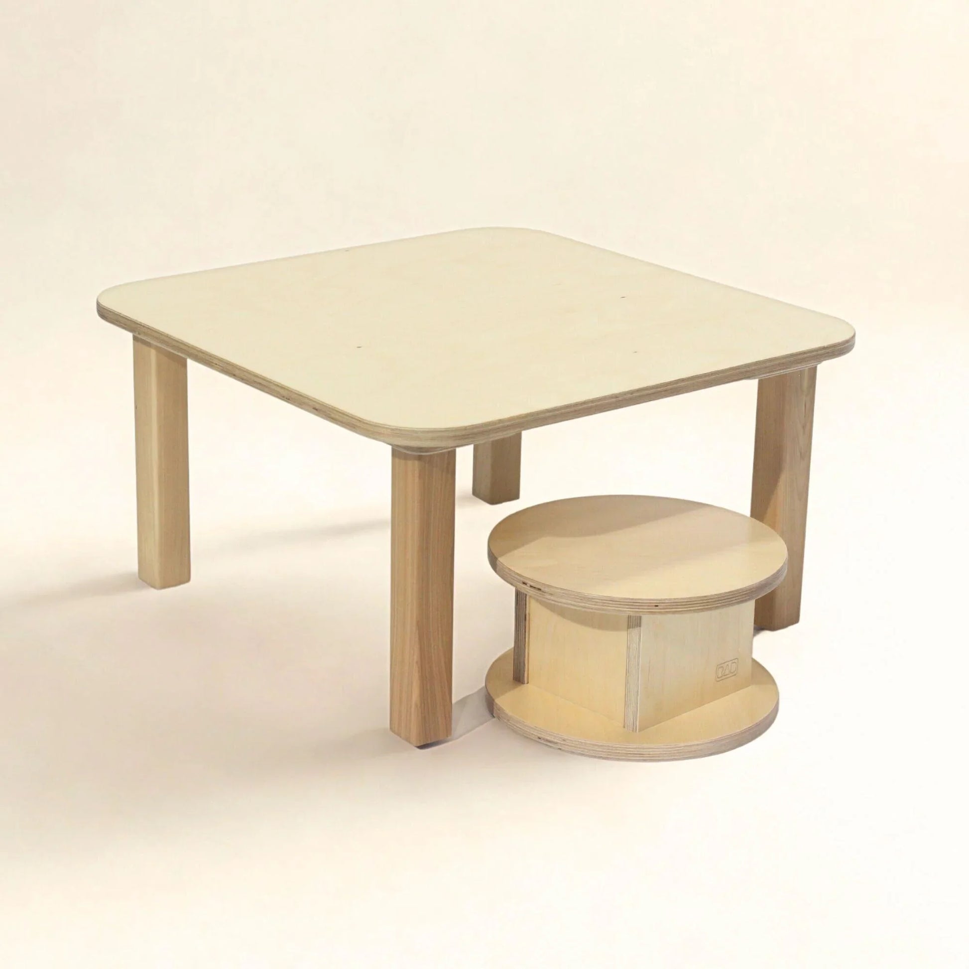 Square wooden toddler table with matching round stool, sensory-friendly furniture