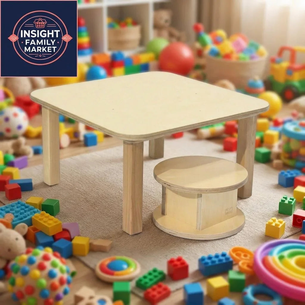 Sensory-friendly playroom with wooden kids table, stool, and colorful learning toys