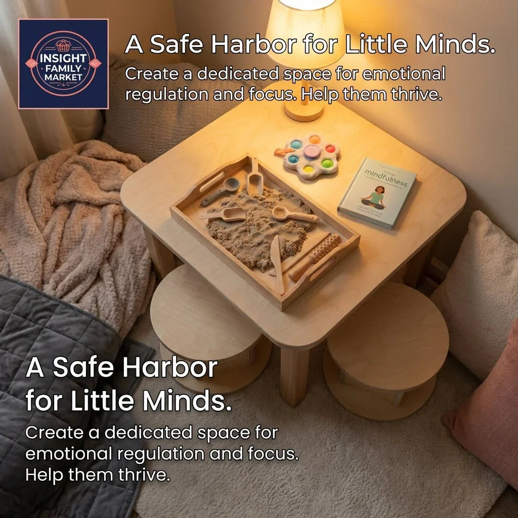 Sensory-friendly kids' calm corner with wooden table, kinetic sand, toys, lamp, and mindfulness book