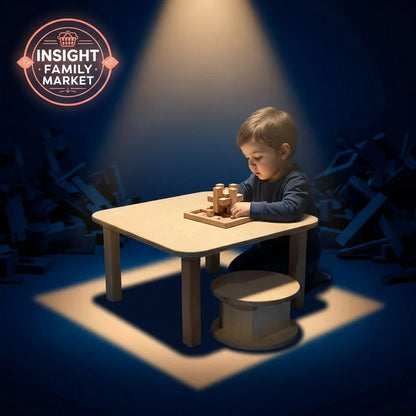 Child playing with wooden sensory learning toy at small table in cozy, focused space