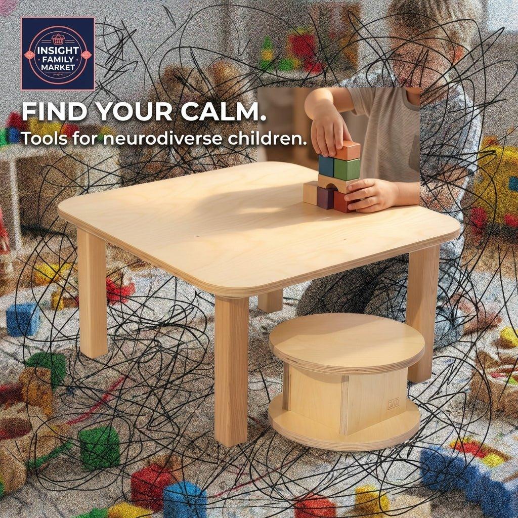 Child at sensory-friendly wooden table stacking colorful blocks, neurodiversity support tools