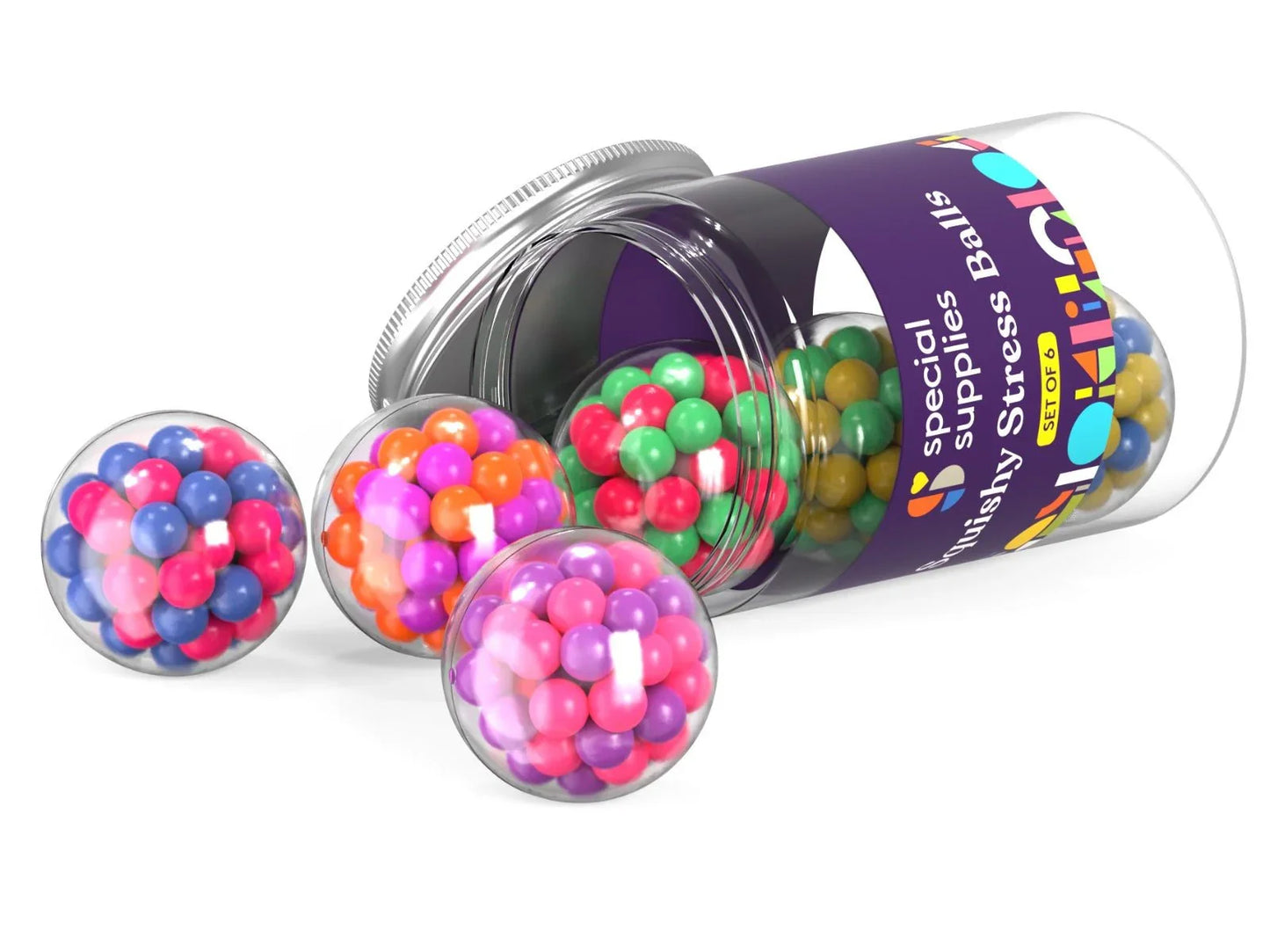 Colorful sensory stress balls with beads in a clear jar, ideal for fidget and sensory play.