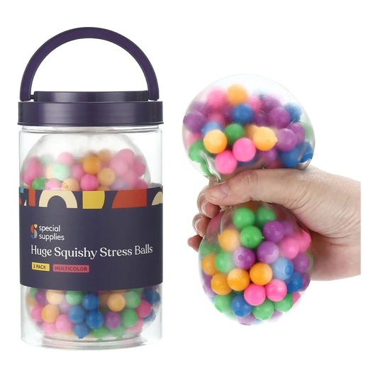 Huge squishy stress ball with colorful beads, sensory fidget toy in hand and container