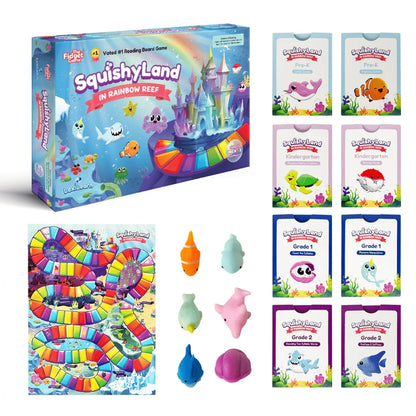 Colorful SquishyLand reading board game box, game board, sea animal squishies, and learning cards for Pre-K to Grade 2.