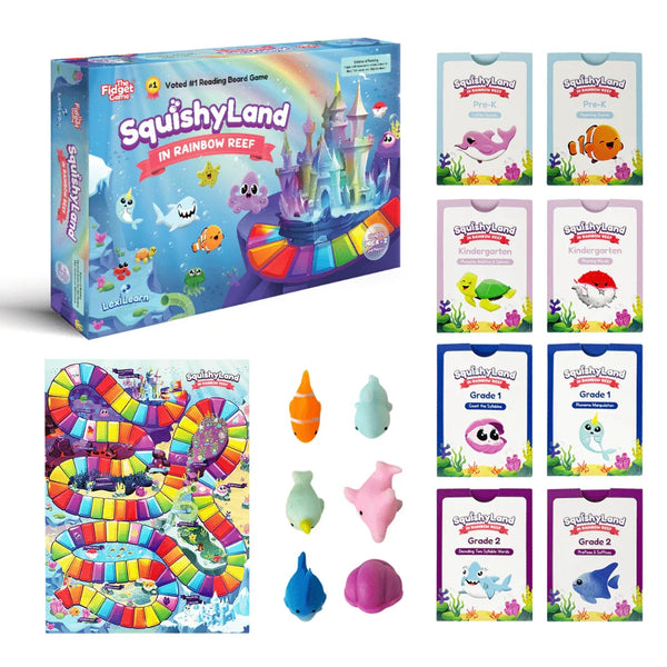 Colorful SquishyLand reading board game box, game board, sea animal squishies, and learning cards for Pre-K to Grade 2.