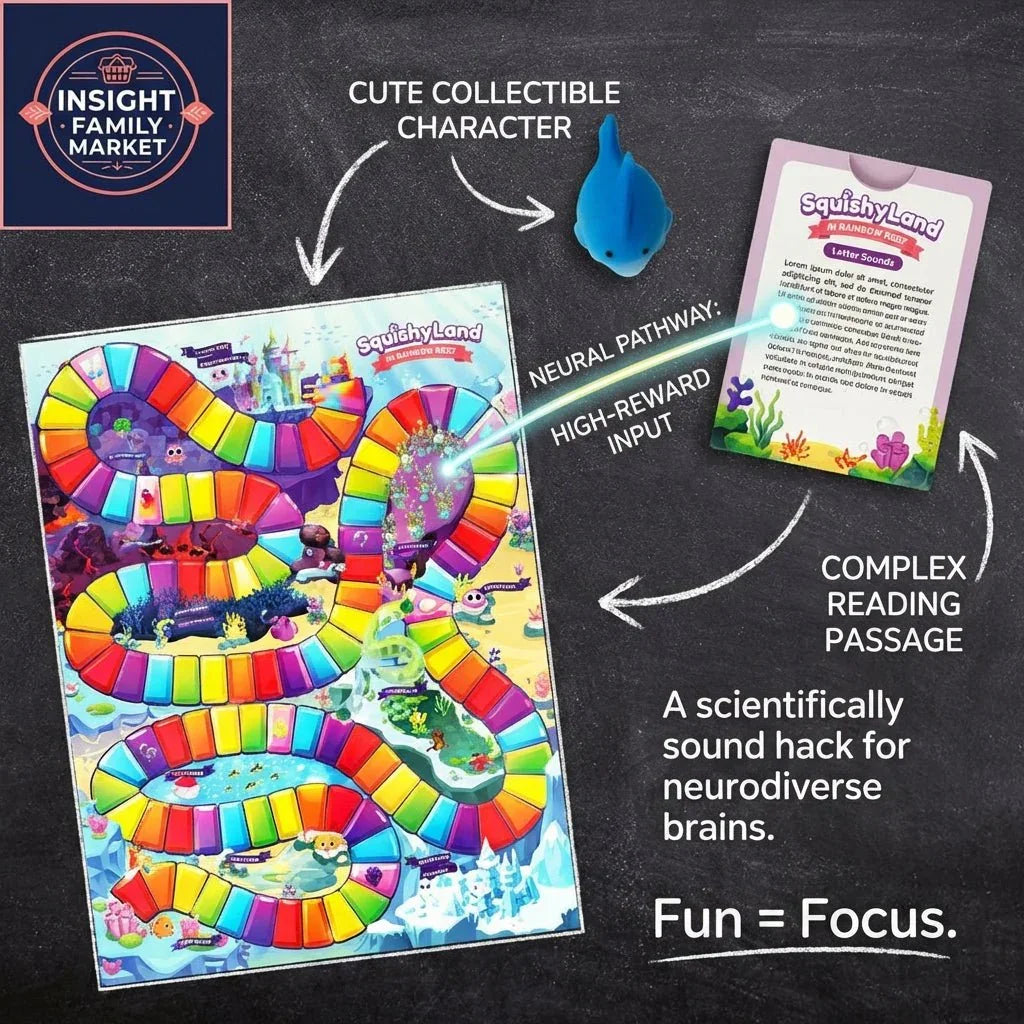 Colorful SquishyLand board game for neurodiverse kids, showing cute character and reading card.