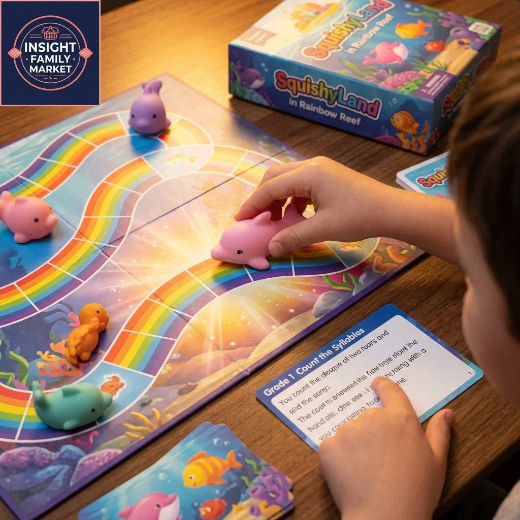 Child playing SquishyLand board game with colorful rainbow path and animal pieces