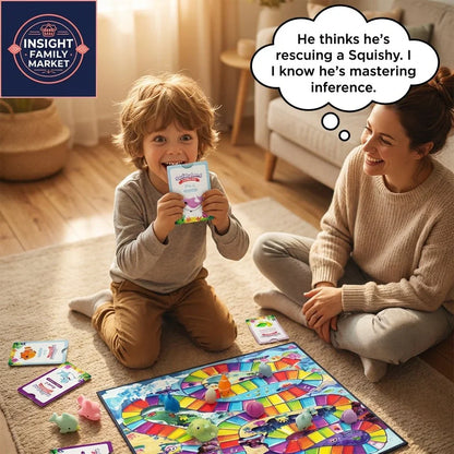 Smiling child and parent playing a colorful reading skills board game for kids.