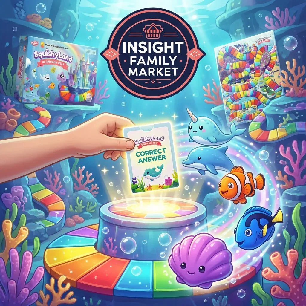 Hand holding SquishyLand game card, colorful board, and cute ocean animals, sensory learning.