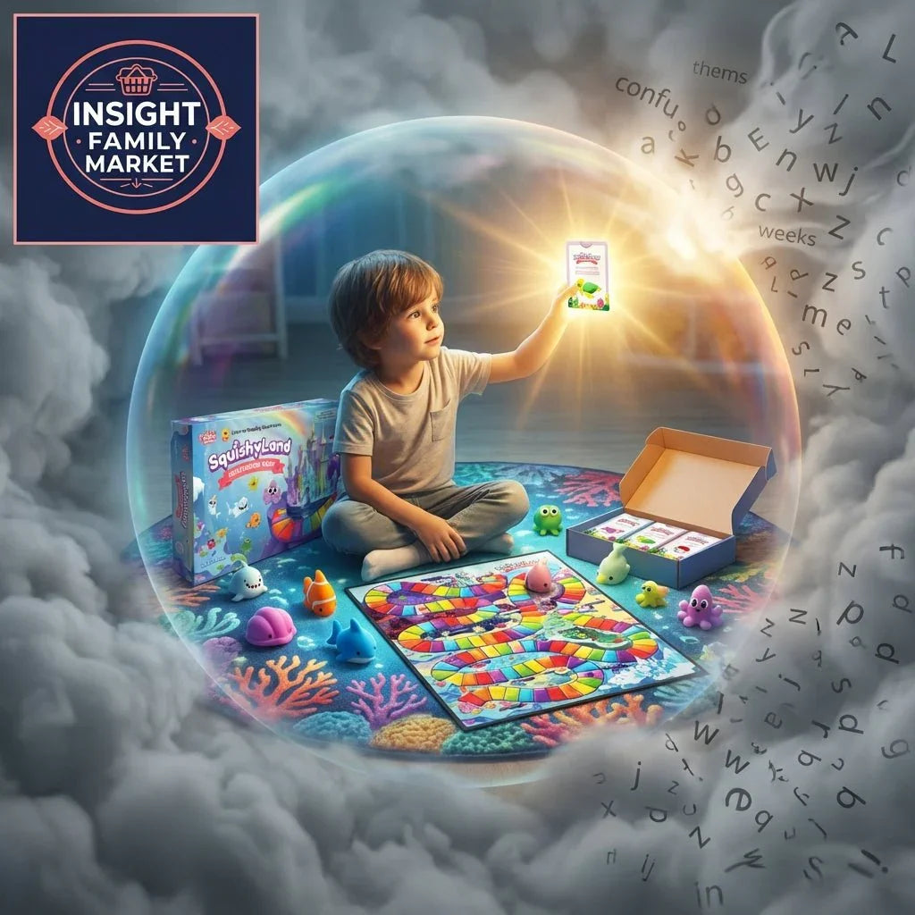 Young child playing with a colorful educational board game and sensory toys, holding a learning card surrounded by fog and scattered letters, symbolizing overcoming reading challenges.