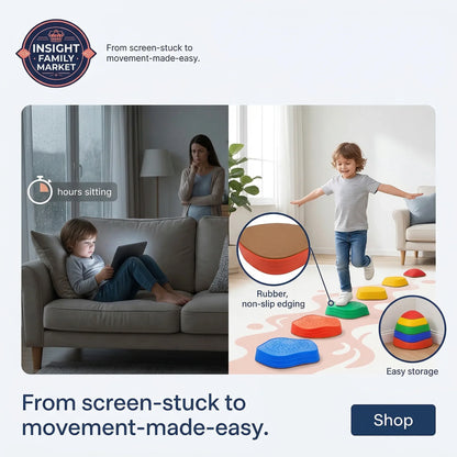 Advertisement for a product aimed at reducing screen time and promoting movement, featuring a child on a couch and playing with colorful blocks.