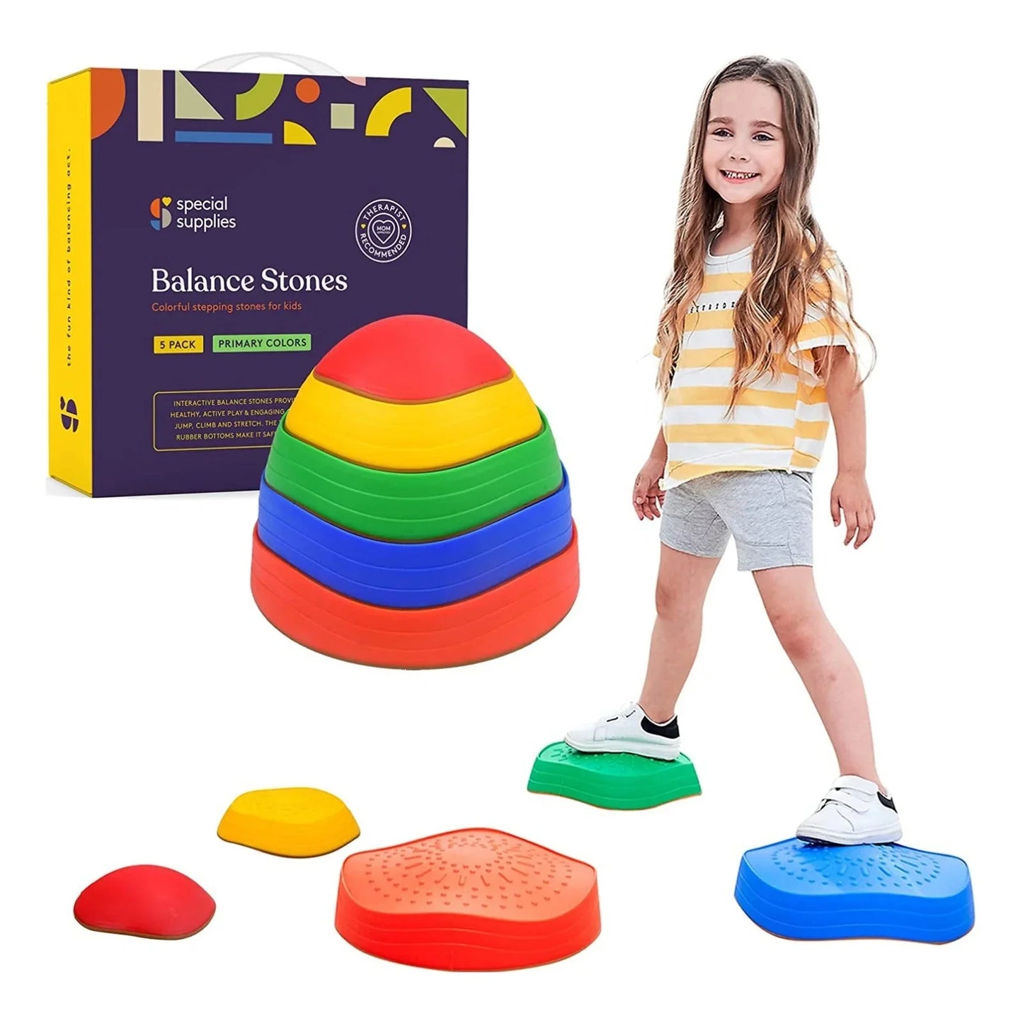 Child playing on colorful sensory balance stepping stones for kids, promoting coordination.