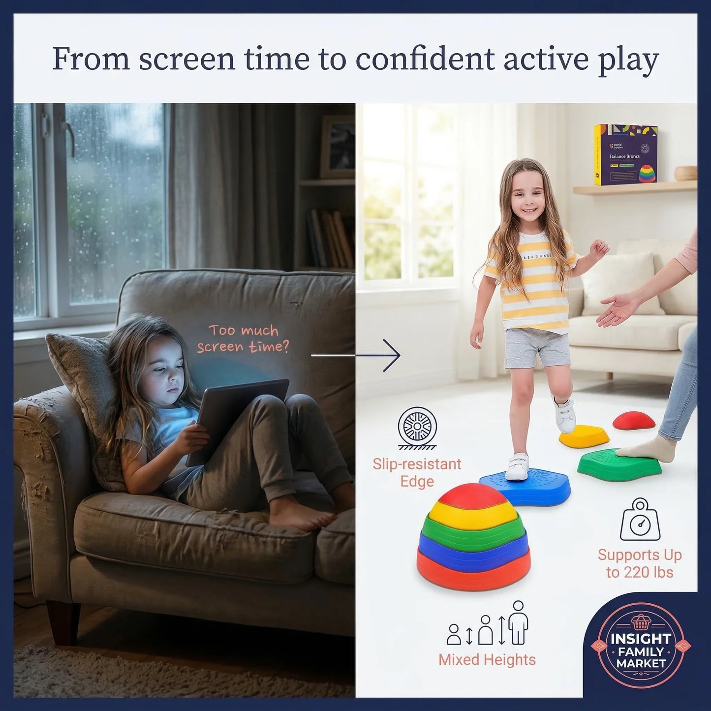 Child using a tablet on a couch with text about screen time, transitioning to a child playing with colorful stepping stones.