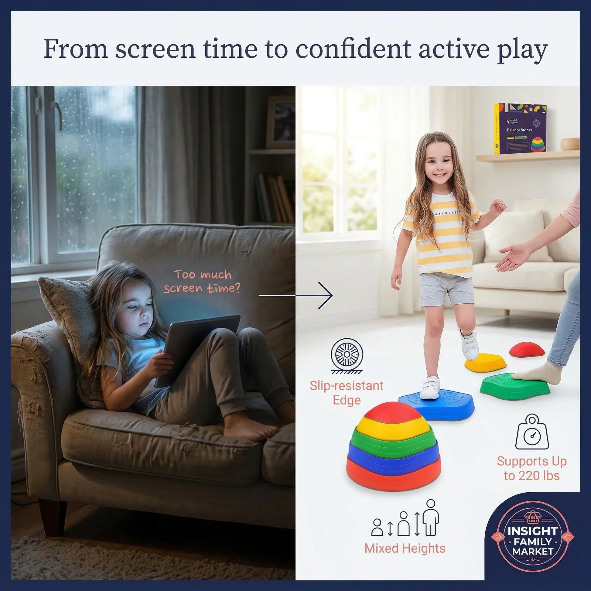 Child using a tablet on a couch with text about screen time, transitioning to a child playing with colorful stepping stones.
