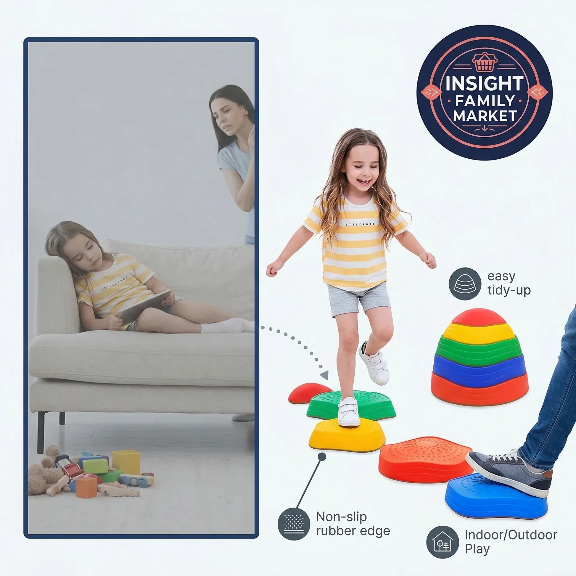 Children playing with colorful stepping stones, with a woman on a couch and a child reading.