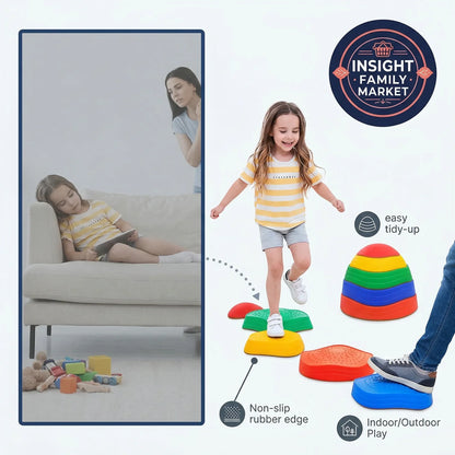 Children playing with colorful stepping stones, with a woman on a couch and a child reading.