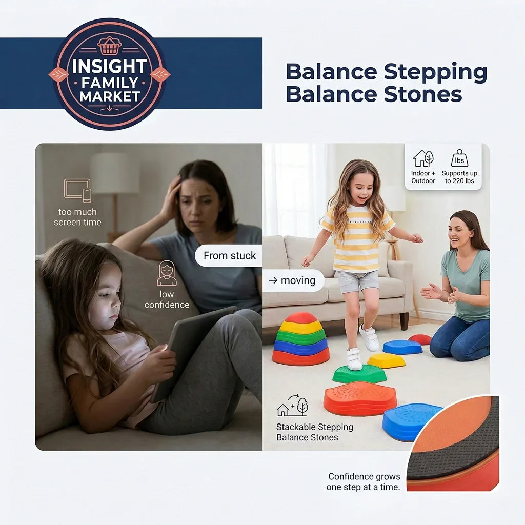 Comparison of a child using a tablet and another child with balance stones, with text about screen time and confidence.