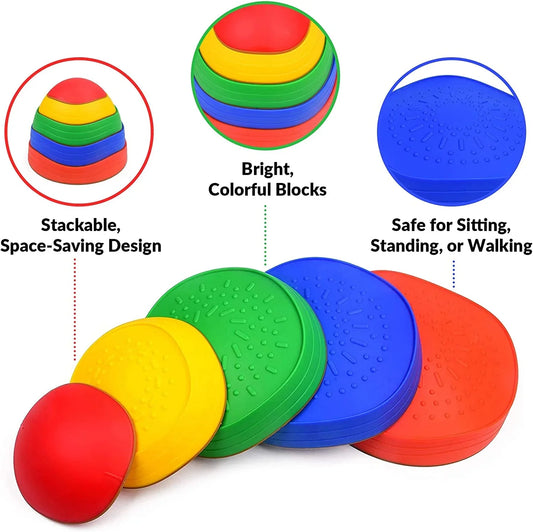 Set of sensory stepping stones in red, yellow, green, and blue, stackable and textured for balance activities.