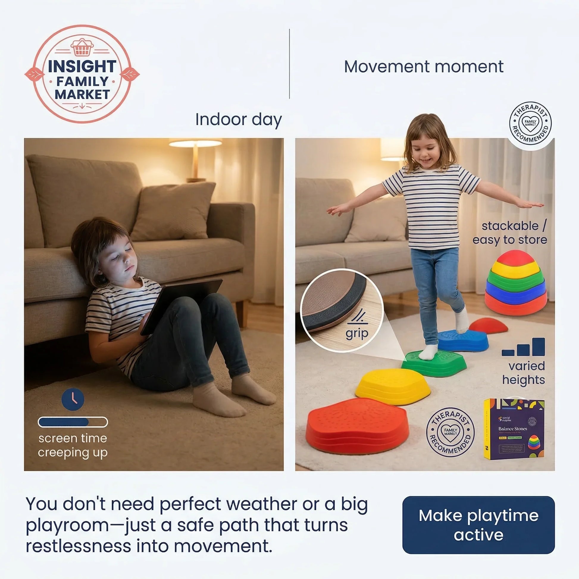 Two children in a living room setting with educational toys, promoting active play.