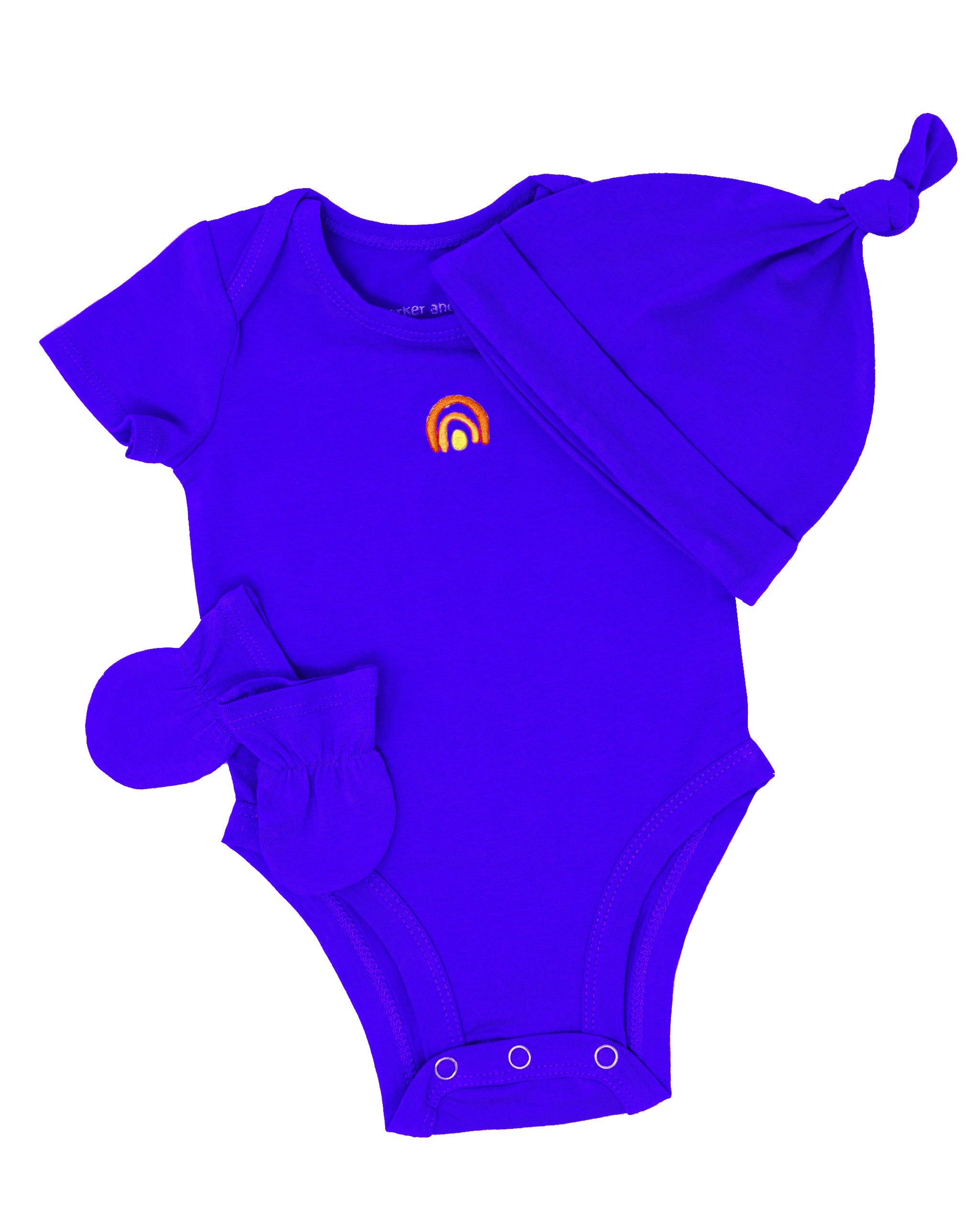 Purple baby onesie with matching hat and booties on a white background