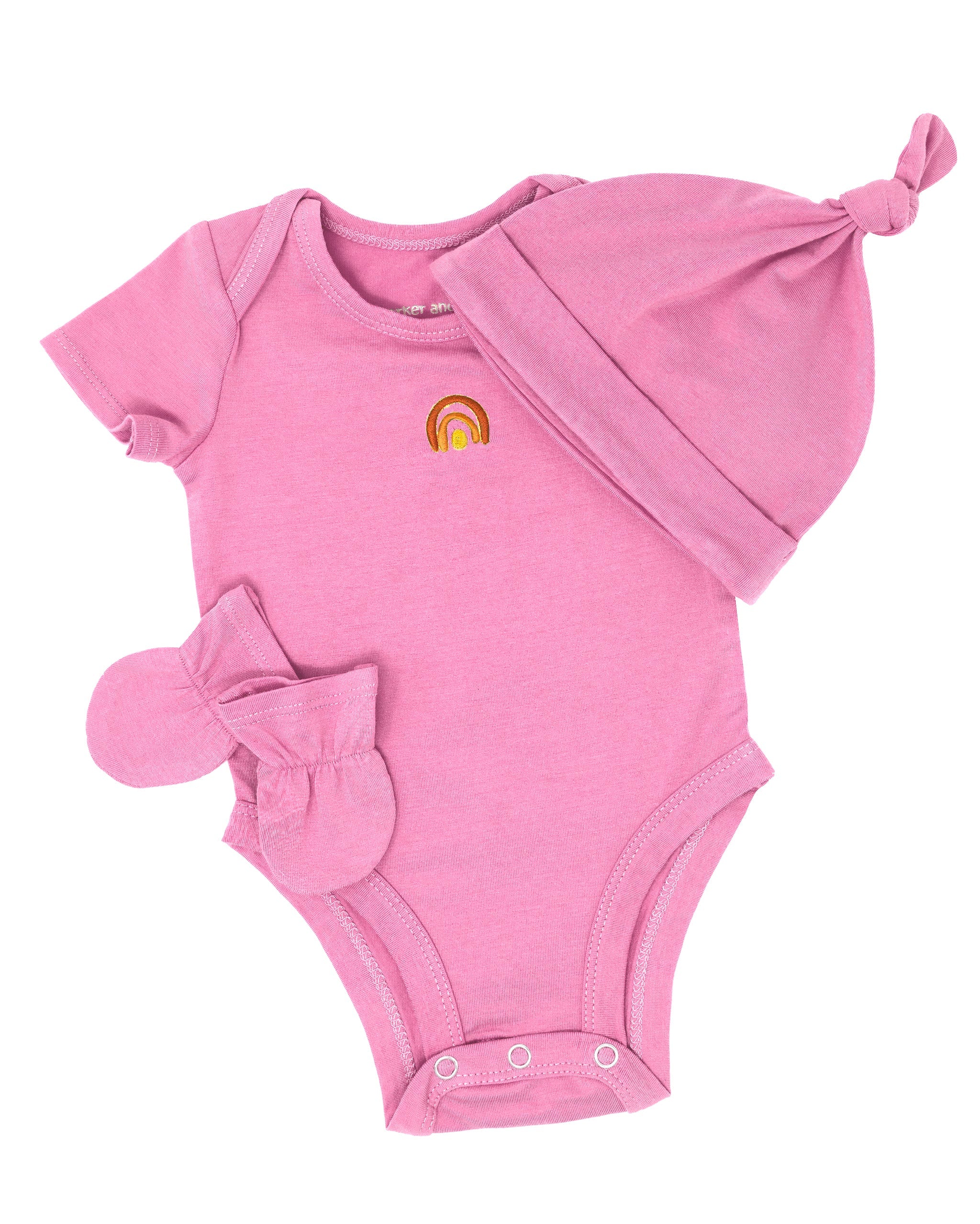 Pink baby bodysuit and hat set with a small logo on a white background