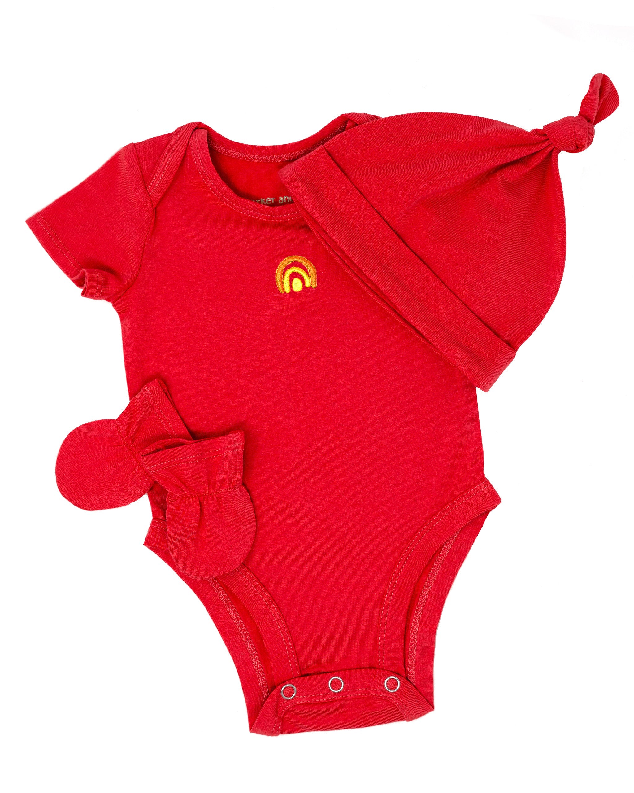 Red baby onesie and hat set with a yellow logo on a white background