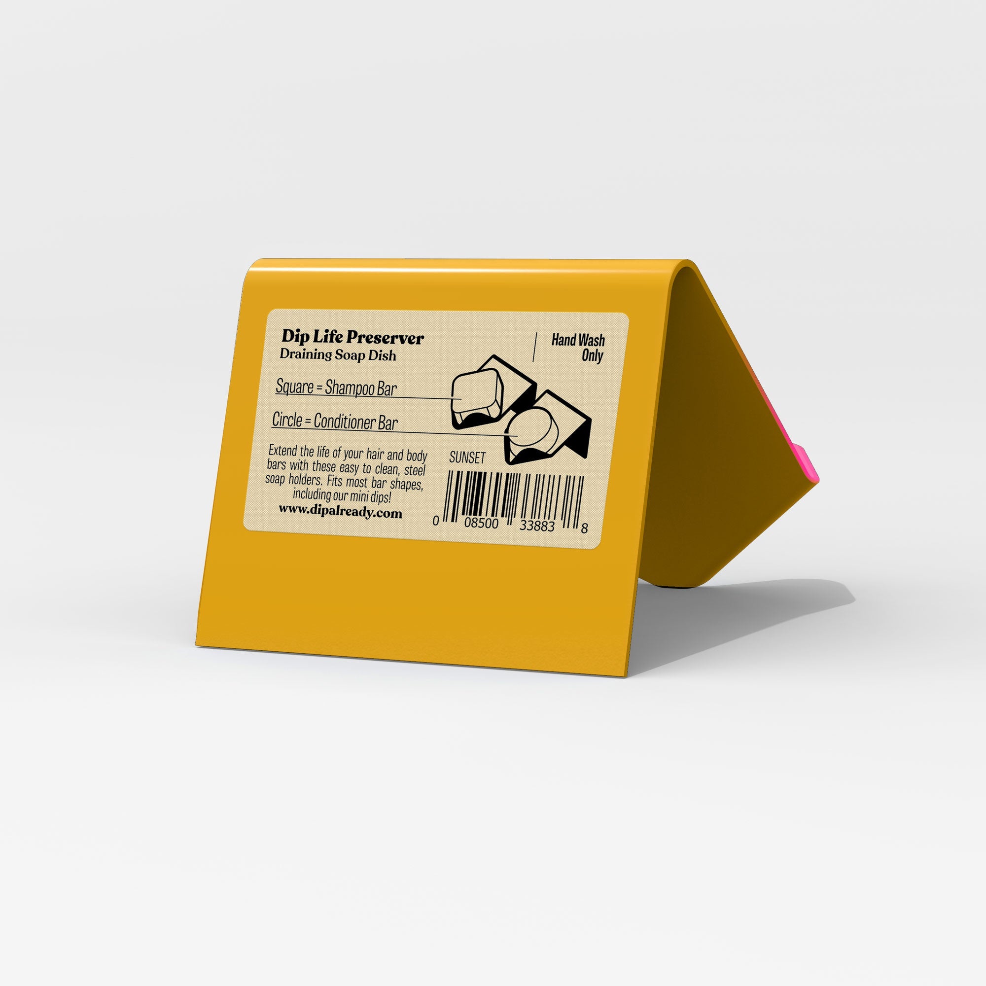 Yellow soap dish with a label on a white background