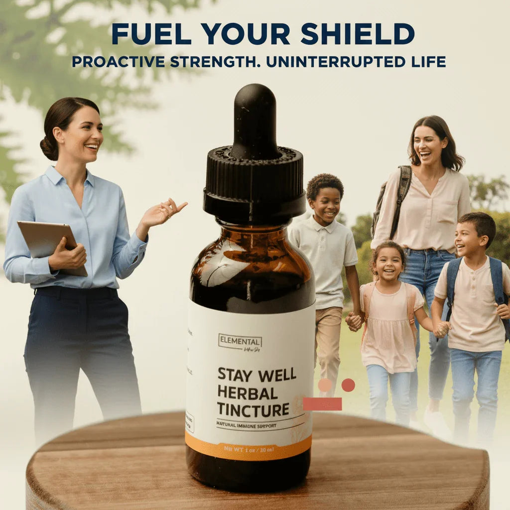 Stay Well Herbal Tincture bottle for natural immune support, family and teacher in background