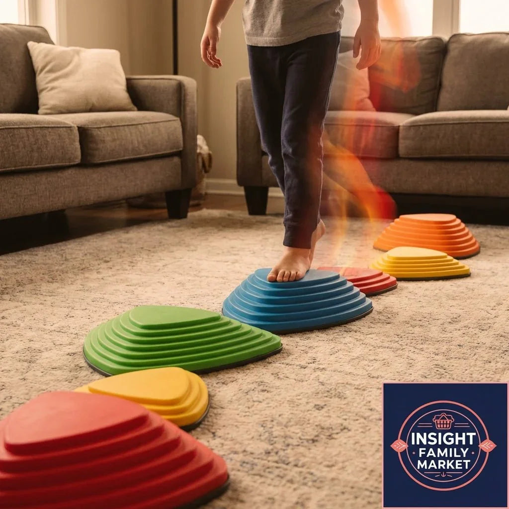 Child balancing on colorful sensory stepping stones in a living room, promoting focus and play.