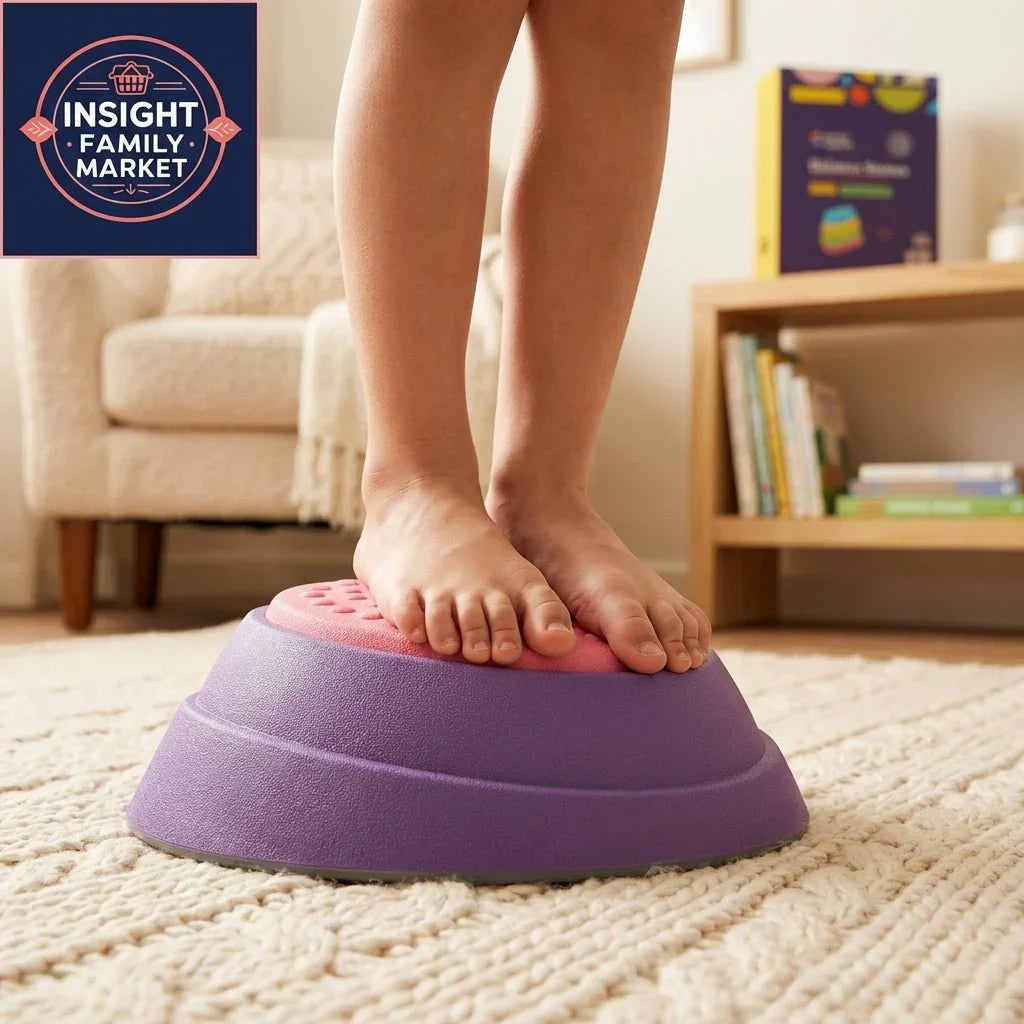 Child standing barefoot on sensory balance dome in cozy living room, sensory tool for kids
