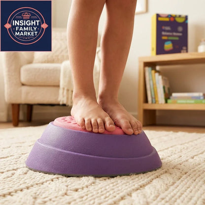 Child standing barefoot on sensory balance dome in cozy living room, sensory tool for kids