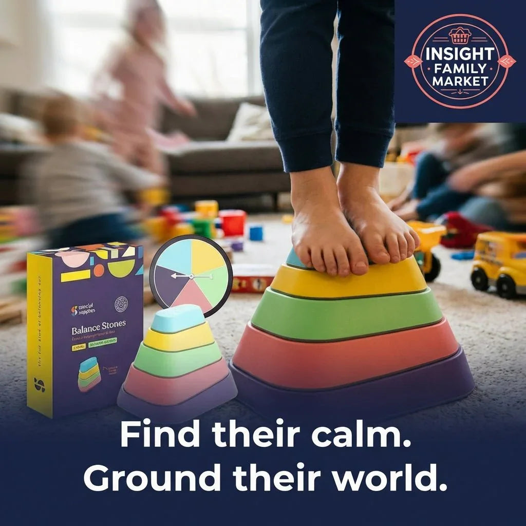 Child standing on colorful sensory balance stones in a playful living room setting