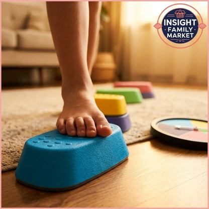 Child's bare foot on colorful balance block, sensory play and motor skills activity at home